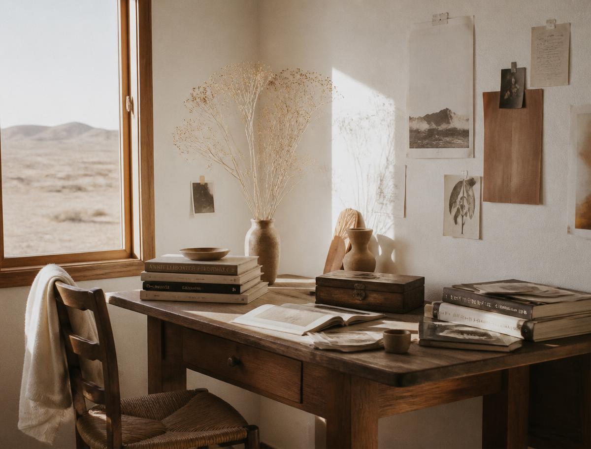 A sunlit studio desk by a window with books, dried grasses and pinned prints